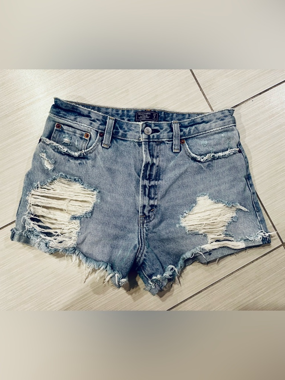 Abercrombie & Fitch Annie High Rise Distressed Blue Denim Shorts